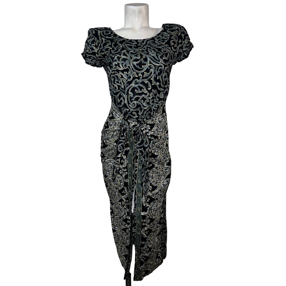 All That Jazz Vintage 90s Black Green Gold Paisley Sarong Maxi Dress Size 5/6